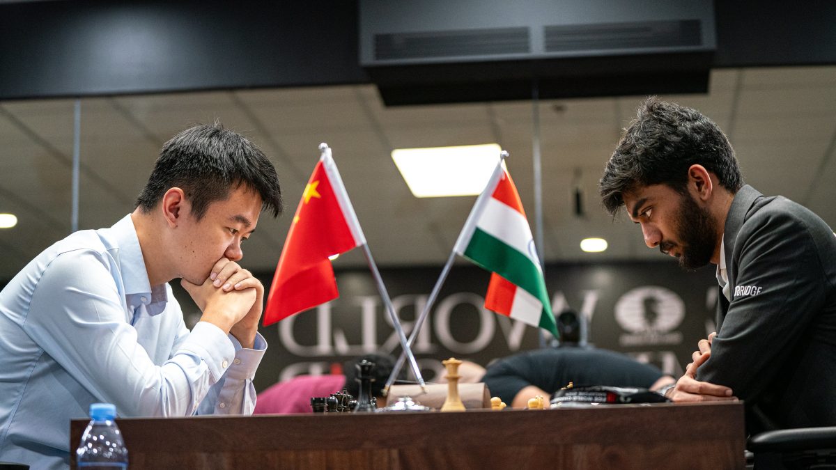 D Gukesh had white pieces advantage but Ding Liren secured a draw in Game 13 of World Chess Championship 2024. Image: FIDE on X D Gukesh had white pieces advantage but Ding Liren secured a draw in Game 13 of World Chess Championship 2024. Image: FIDE on X