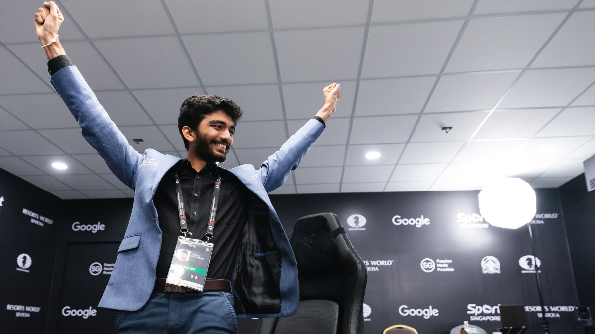 Indian Grandmaster D Gukesh celebrates after being crowned the youngest chess world champion ever at the end of Game 14 of the 2024 FIDE World Chess Championship in Singapore. Image credit: Eng Chin An/FIDE Indian Grandmaster D Gukesh celebrates after being crowned the youngest chess world champion ever at the end of Game 14 of the 2024 FIDE World Chess Championship in Singapore. Image credit: Eng Chin An/FIDE