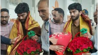 World Chess Championship winner D Gukesh received ac warm reception on his arrival in Chennai. Image: X / @SAI_Media 