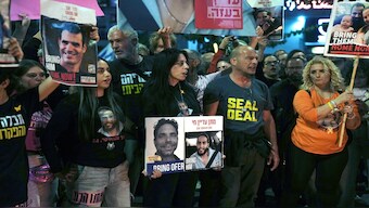 Einav Zangauker, center, mother of Israeli hostage Matan Zangauker takes part in a protest following a Hamas video release of Matan making an emotional plea for his release and describing the conditions he and other hostages face in Gaza after being seized in the October 7 attack, in Tel Aviv, Israel, on December 7, 2024. AP