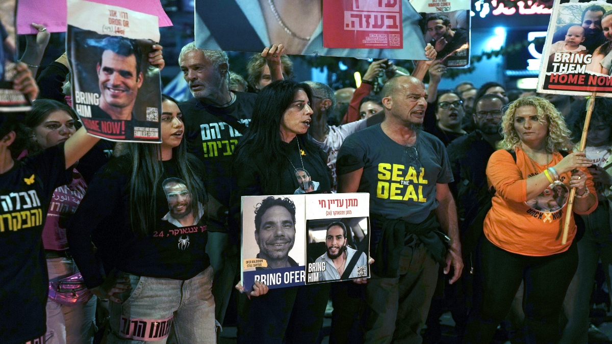 Einav Zangauker, center, mother of Israeli hostage Matan Zangauker takes part in a protest following a Hamas video release of Matan making an emotional plea for his release and describing the conditions he and other hostages face in Gaza after being seized in the October 7 attack, in Tel Aviv, Israel, on December 7, 2024. AP Einav Zangauker, center, mother of Israeli hostage Matan Zangauker takes part in a protest following a Hamas video release of Matan making an emotional plea for his release and describing the conditions he and other hostages face in Gaza after being seized in the October 7 attack, in Tel Aviv, Israel, on December 7, 2024. AP