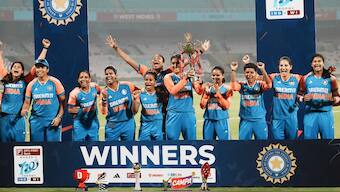 The India women's cricket team celebrate after beating West Indies to clinch the T20I series. PTI  