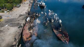 An aerial photo shows Syrian naval ships destroyed during an overnight Israeli attack on the port city of Latakia. Source: AFP