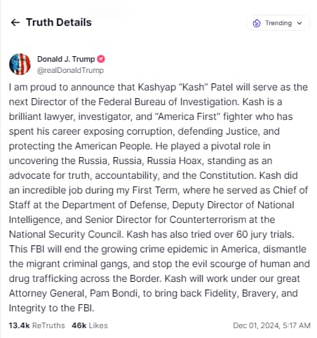 Trump picks Kash Patel to be the next FBI director