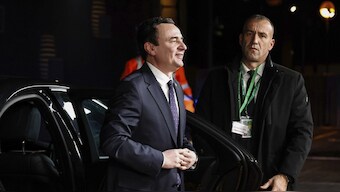 Kosovo’s Prime Minister Albin Kurti arrives for a bilateral meeting as part of a series of meetings with EU-Western Balkans leaders at the European Council in Brussels. File image/AP