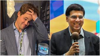 File image of five-time chess world champions Magnus Carlsen and Viswanathan Anand. Image credit: X/PTI