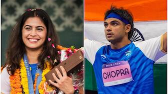 Paris Olympics bronze medallist Manu Bhaker and silver medallist Neeraj Chopra. PTI image 