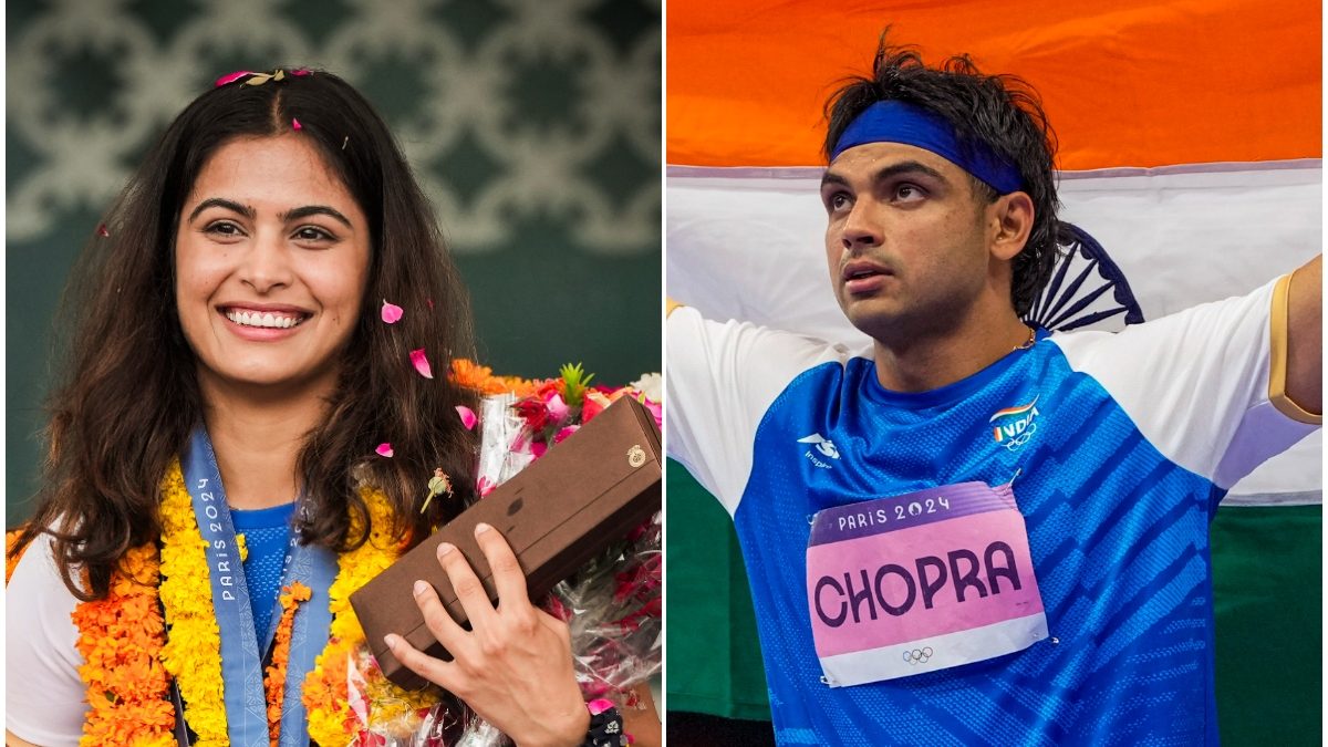 Paris Olympics bronze medallist Manu Bhaker and silver medallist Neeraj Chopra. PTI image Paris Olympics bronze medallist Manu Bhaker and silver medallist Neeraj Chopra. PTI image