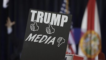 Campaign signs before a speech by Republican presidential candidate Donald Trump Saturday, Nov. 5, 2016, in Tampa, Fla. File image/ AP