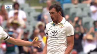 Mitchell Starc celebrates after dismissing Yashasvi Jaiswal on first ball of the second Test in Adelaide. Image: Hotstar
