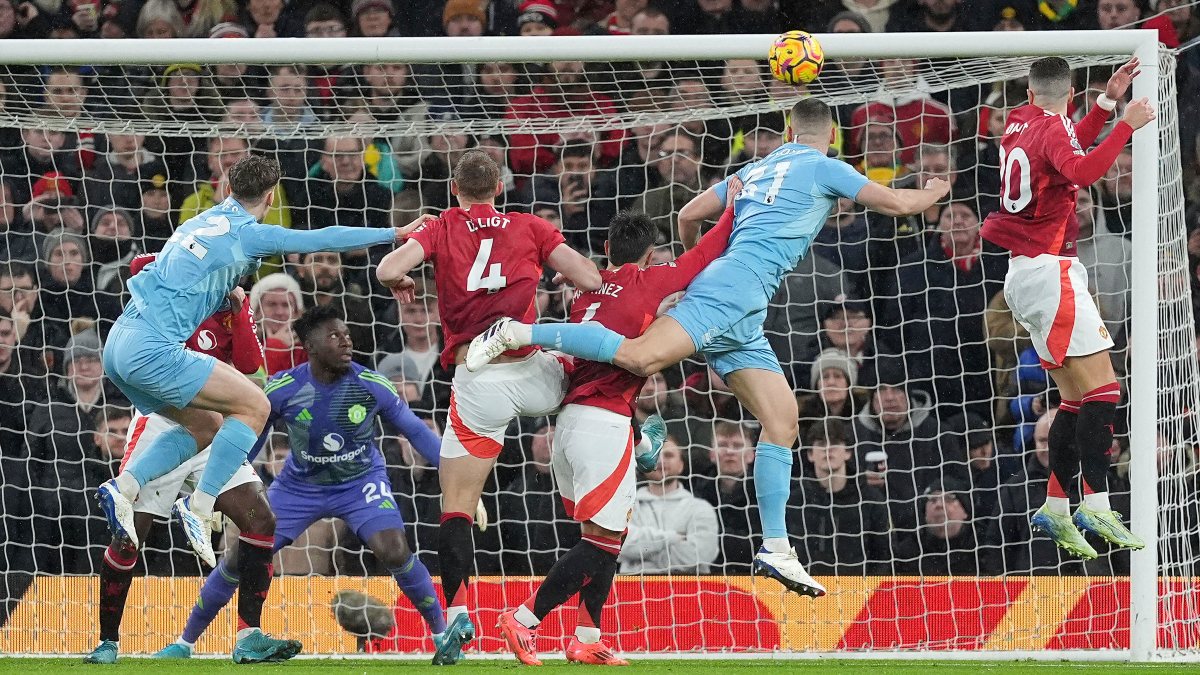 Nottingham Forest's Nikola Milenkovic scores his team's opening goal in their Premier League away match against Manchester United. AP Nottingham Forest's Nikola Milenkovic scores his team's opening goal in their Premier League away match against Manchester United. AP