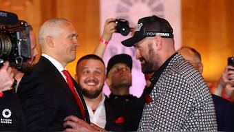 Oleksandr Usyk and Tyson Fury at a press conference in London two months before their scheduled heavyweight rematch. Reuters