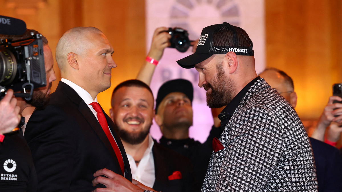 Oleksandr Usyk and Tyson Fury at a press conference in London two months before their scheduled heavyweight rematch. Reuters Oleksandr Usyk and Tyson Fury at a press conference in London two months before their scheduled heavyweight rematch. Reuters