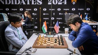 Indian GM Praggnanandhaa in action against Hikaru Nakamura during the 2024 Candidates tournament. PTI 