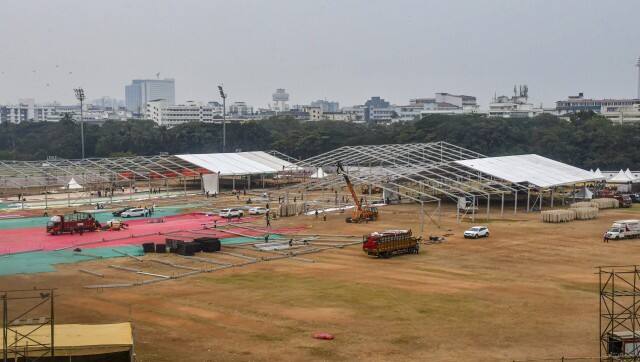 Preparations underway for the swearing-in ceremony of the new Maharashtra government, at Azad Maidan, in Mumbai, Tuesday, December 3, 2024. PTI 