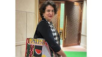 Congress leader Priyanka Gandhi Vadra carries a handbag with the word 'Palestine' written on it during ongoing Winter session of Parliament, in New Delhi, Monday, December 16, 2024. PTI