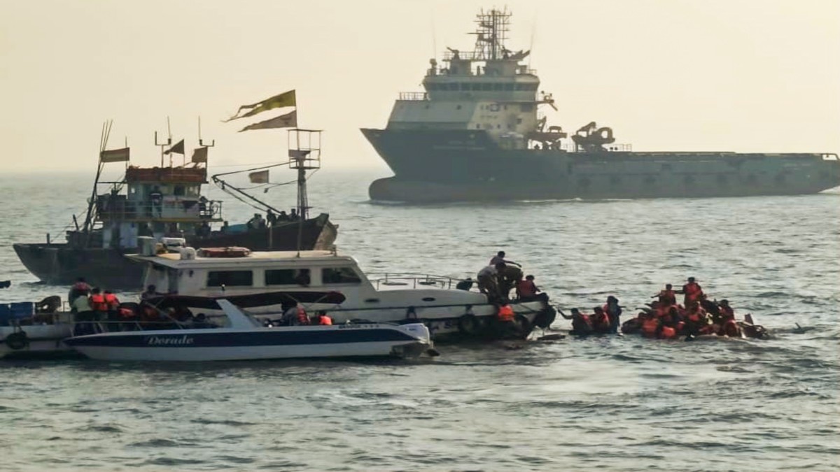Passengers being rescued after a ferry capsized off Mumbai coast when a Navy craft crashed into it, Wednesday, December 18, 2024. PTI Passengers being rescued after a ferry capsized off Mumbai coast when a Navy craft crashed into it, Wednesday, December 18, 2024. PTI