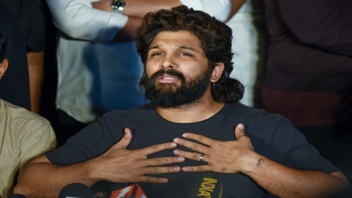 Telugu film actor Allu Arjun addresses a press conference, in Hyderabad, Saturday, December 21, 2024. PTI Telugu film actor Allu Arjun addresses a press conference, in Hyderabad, Saturday, December 21, 2024. PTI