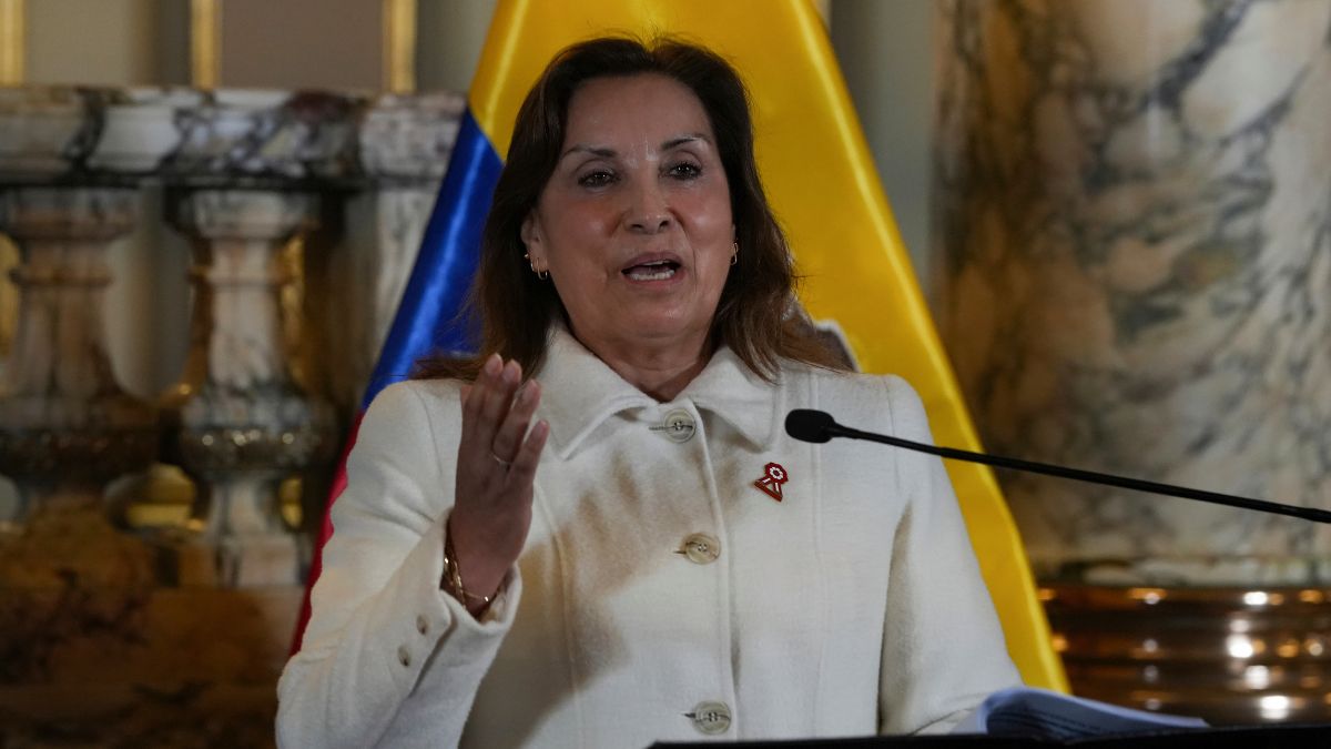 Peru's President Dina Boluarte gives a statement to the press during an official visit by Ecuadorean counterpart Daniel Noboa to the government palace in Lima, Peru. File image/AP Peru's President Dina Boluarte gives a statement to the press during an official visit by Ecuadorean counterpart Daniel Noboa to the government palace in Lima, Peru. File image/AP