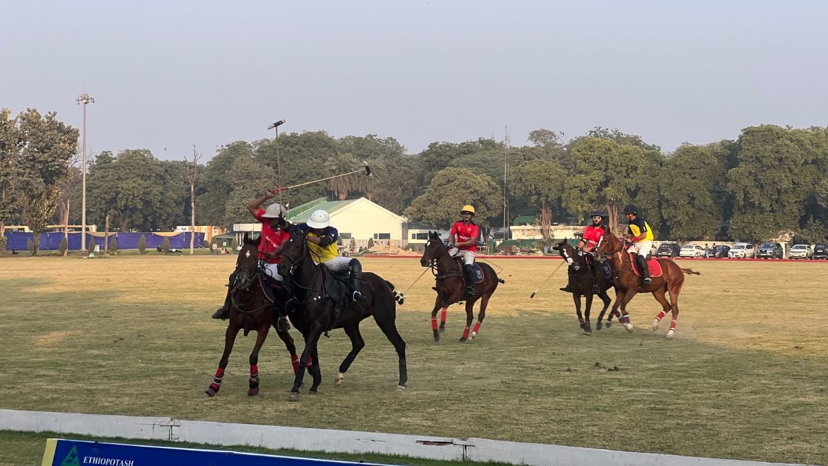 Players from the Mayfair Polo team and the Delta Polo team, along with their horses, clash within the course of the final of the Col. Girdhari Memorial Polo Cup at the Jaipur Polo Ground in New Delhi, December 1, 2024. Firstpost/Anmol Singla