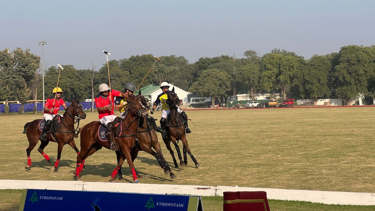 Players from the Mayfair Polo team and the Delta Polo team, along with their horses, clash within the course of the final of the Col. Girdhari Memorial Polo Cup at the Jaipur Polo Ground in New Delhi, December 1, 2024. Firstpost/Anmol Singla