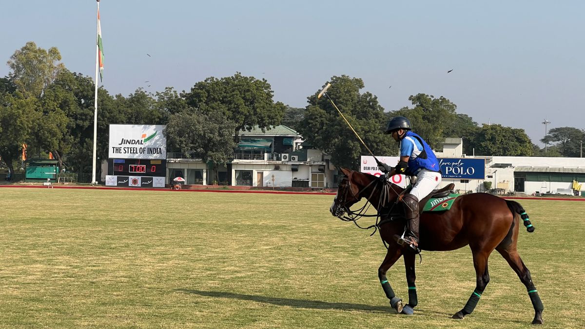 Naveen Jindal, player and owner of the Jindal Panthers polo team is seen warming up for a match within the course of the Col. Girdhari Memorial Polo Cup at the Jaipur Polo Ground in New Delhi, November 30, 2024. Firstpost/Anmol Singla