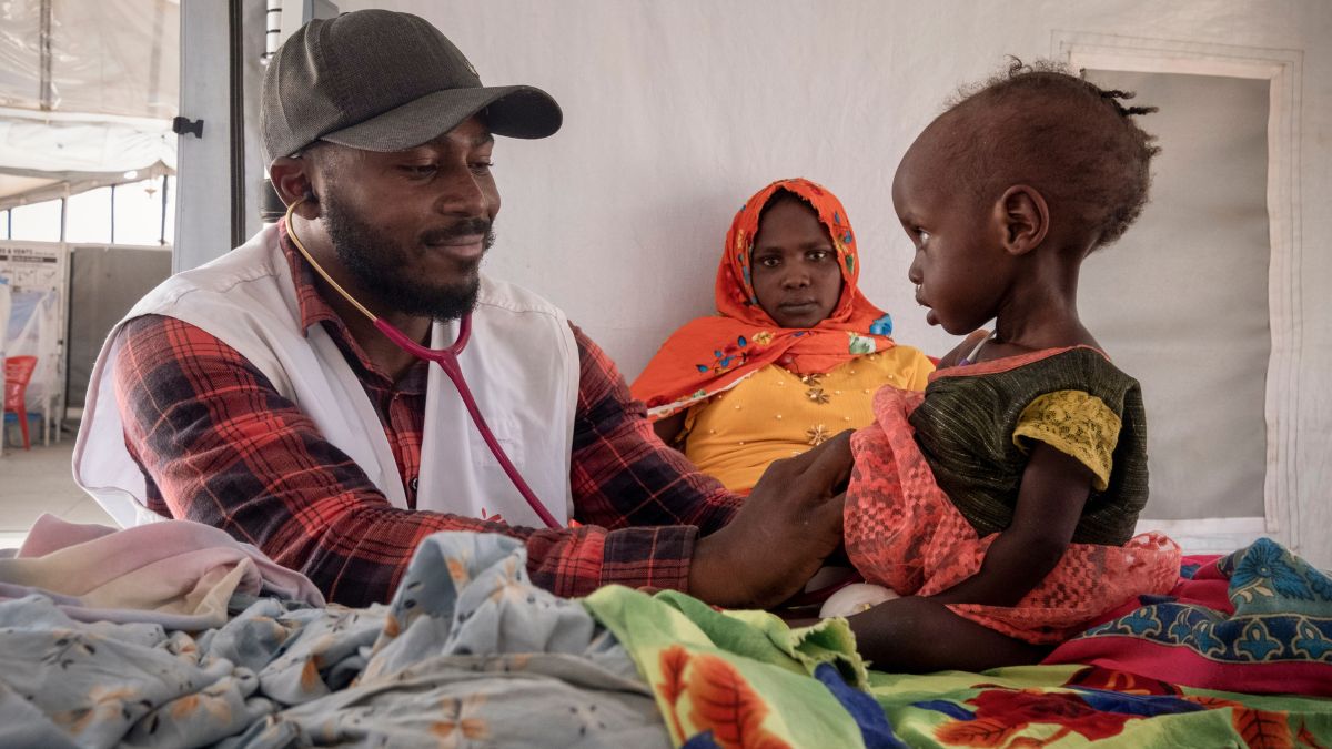 A doctor treats a Sudanese child suffering from malnutrition are treated at an MSF clinic in Metche Camp, Chad, near the Sudanese border, on April 6, 2024. File Image- AP A doctor treats a Sudanese child suffering from malnutrition are treated at an MSF clinic in Metche Camp, Chad, near the Sudanese border, on April 6, 2024. File Image- AP