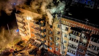A drone view shows an apartment building hit by a Russian drone strike, amid Russia's attack on Ukraine, in Ternopil, Ukraine. File image/ Reuters