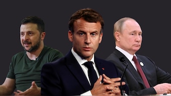 Pictured here (L-R) are the Presidents of Ukraine, France, and Russia, Volodymyr Zelenskyy, Emmanuel Macron, and Vladimir Putin, respectively. Agencies/Firstpost