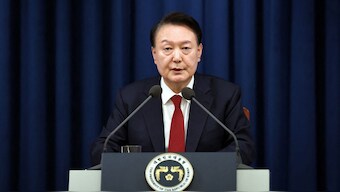 South Korean President Yoon Suk Yeol delivering a speech. File Image / 
 AFP | South Korean Presidential Office