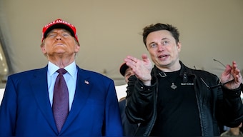 Elon Musk speaks with US President-elect Donald Trump as they watch the launch of the sixth test flight of the SpaceX Starship rocket in Brownsville, Texas, US, on November 19, 2024. Reuters File