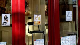 A view of an empty chair inside of a sex worker's booth, in Antwerp, Belgium, Tuesday, Nov. 3, 2020. File Photo/AP