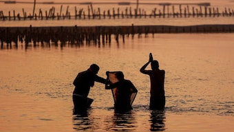 Hindu pilgrims take a dip along the banks of Sangam, ahead of the Maha Kumbh Mela festival in Prayagraj on December 22, 2024. AFP