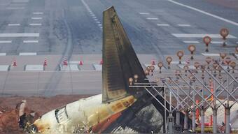 The wreckage of the Jeju Air aircraft that went off the runway and crashed lies near skid marks on the runway at Muan International Airport, in Muan, South Korea, December 30, 2024. Reuters