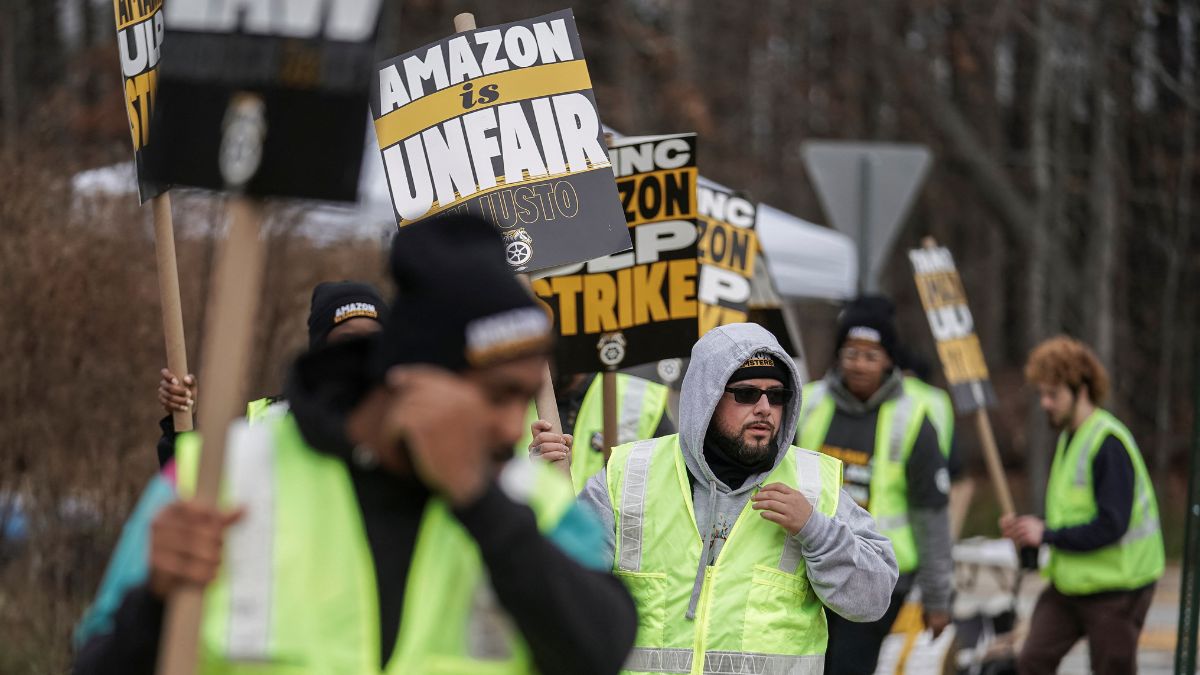 A strike by Teamsters union members at an Amazon facility in Alpharetta, Georgia, US, December 19, 2024. Reuters
 A strike by Teamsters union members at an Amazon facility in Alpharetta, Georgia, US, December 19, 2024. Reuters
