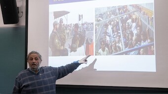 Palestinian professor Ahmed Abu Shaban, visiting professor in the Faculty of Environmental and Urban Change, gives a lecture on Gaza at York University in Toronto, Canada, on November 26, 2024.  AFP