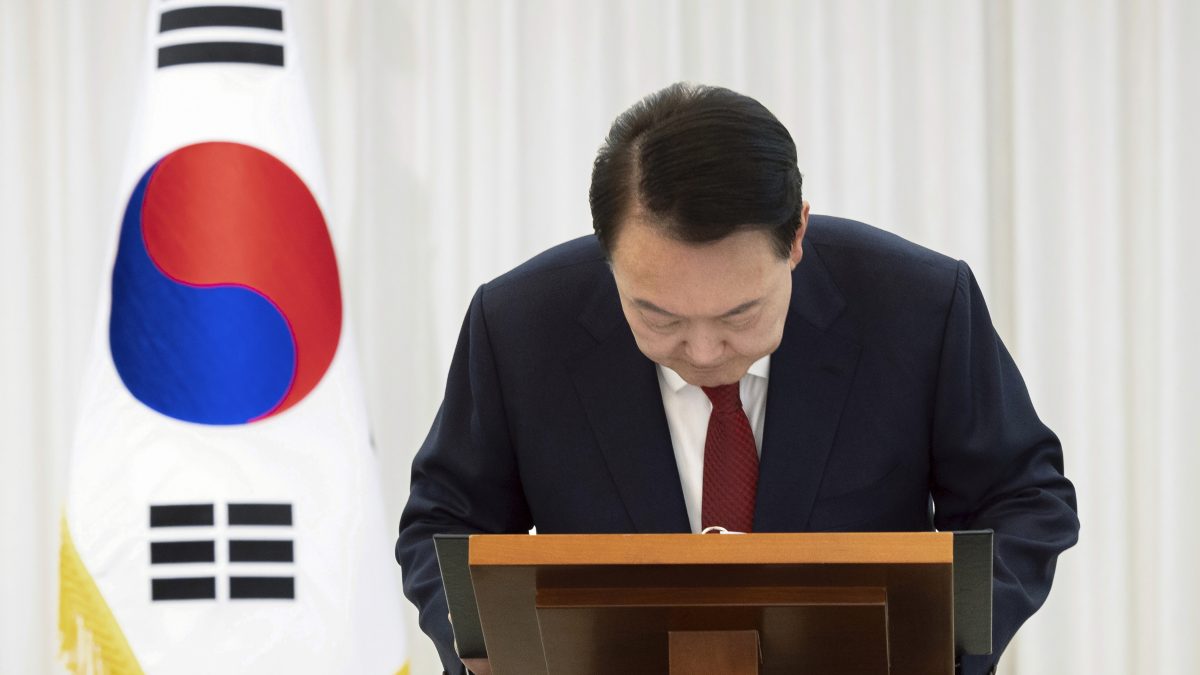 In this photo released by South Korean President Office via Yonhap, South Korean President Yoon Suk Yeol bows while delivering a speech at the presidential residence in Seoul, South Korea, after South Korea’s parliament voted to impeach Yoon. South Korean Presidential Office/Yonhap via AP In this photo released by South Korean President Office via Yonhap, South Korean President Yoon Suk Yeol bows while delivering a speech at the presidential residence in Seoul, South Korea, after South Korea’s parliament voted to impeach Yoon. South Korean Presidential Office/Yonhap via AP