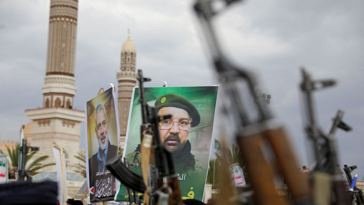 Protesters, mainly Houthi supporters, hold up posters of assassinated Hamas chief Ismail Haniyeh and Hezbollah senior commander Fuad Shukr, who was killed in an Israeli strike, as they attend a rally to show solidarity with Palestinians in the Gaza Strip, in Sanaa, Yemen. Reuters Protesters, mainly Houthi supporters, hold up posters of assassinated Hamas chief Ismail Haniyeh and Hezbollah senior commander Fuad Shukr, who was killed in an Israeli strike, as they attend a rally to show solidarity with Palestinians in the Gaza Strip, in Sanaa, Yemen. Reuters