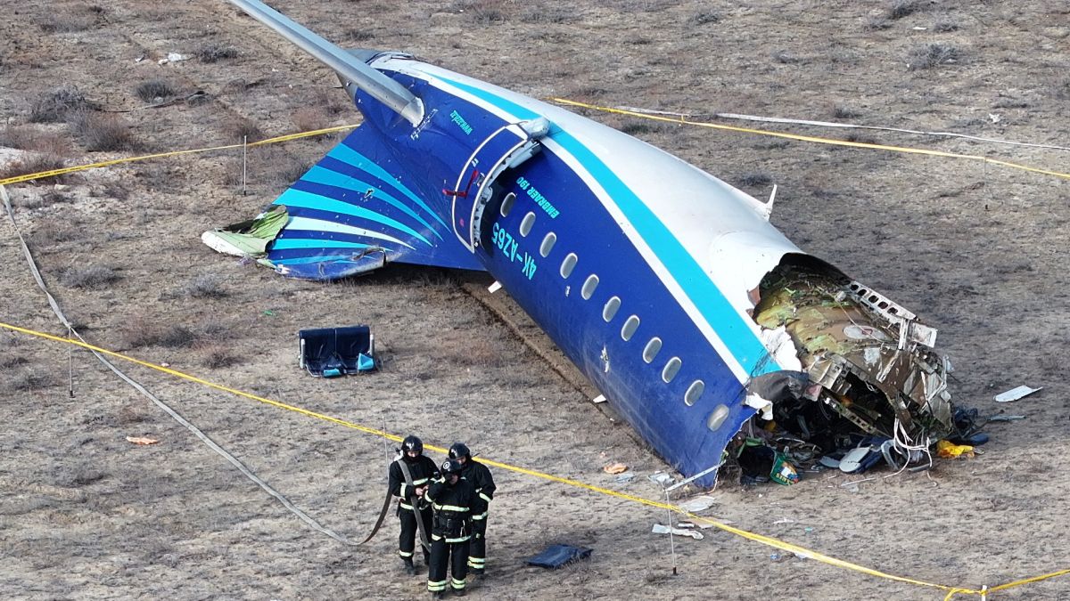 A drone view shows emergency specialists working at the crash site of an Azerbaijan Airlines passenger plane near the city of Aktau, Kazakhstan. Reuters A drone view shows emergency specialists working at the crash site of an Azerbaijan Airlines passenger plane near the city of Aktau, Kazakhstan. Reuters