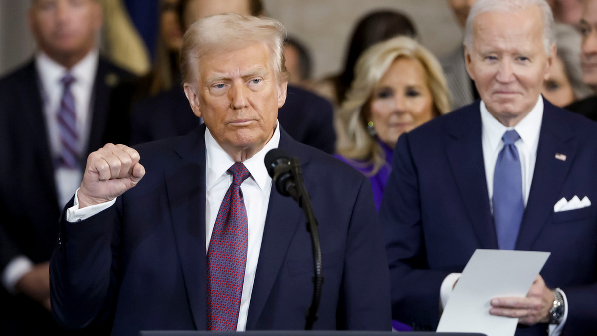 President Donald Trump wraps up his speech during the 60th Presidential Inauguration in the Rotunda of the US Capitol in Washington. AP President Donald Trump wraps up his speech during the 60th Presidential Inauguration in the Rotunda of the US Capitol in Washington. AP