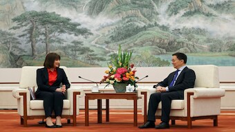 Britain's Chancellor of the Exchequer Rachel Reeves and Chinese Vice President Han Zheng attend a meeting at the Great Hall of the People in Beijing, Saturday, Jan. 11, 2025. File Image / AP