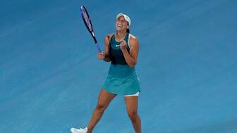 Madison Keys celebrates beating Iga Swiatek in the semi-final of the Australian Open. AP 