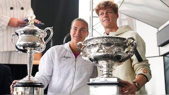 Defending champions Aryna Sabalenka and Jannik Sinner at the Australian Open draw ceremony. Image: AP
