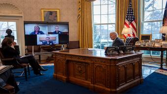 President Joe Biden, and Vice President Kamala Harris, left, receive a briefing from California Gov. Gavin Newsom, on screen top right, Federal Emergency Management Agency administrator Deanne Criswell, on screen top left, and Los Angeles Mayor Karen Bass, on screen at bottom, regarding the federal response to the spread of wildfires in the Los Angeles area, on Friday, in the Oval Office at the White House in Washington. AP