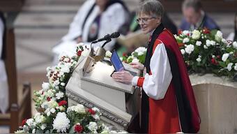 Rev. Mariann Budde leads the national prayer service attended by President Donald Trump at the Washington National Cathedral, Tuesday, Jan. 21, 2025, in Washington. AP