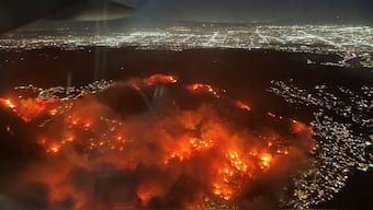 A view of the Palisades fire from a plane, January 7, 2025, in this picture obtained from social media. File Image/Reuters via social media