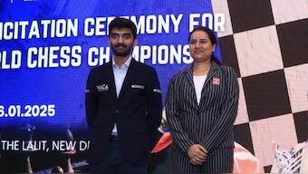 World Champion D Gukesh and Women's World Rapid Champion Koneru Humpy at the felicitation event organised by All India Chess Association in New Delhi on Thursday, 16 January. Image credit: All India Chess Federation