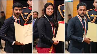 Chess world champion D Gukesh, shooting sensation Manu Bhaker, and hockey star Harmanpreet Singh at the National Sports Awards ceremony at the Rashtrapati Bhavan in New Delhi on Friday, 17 January. PTI