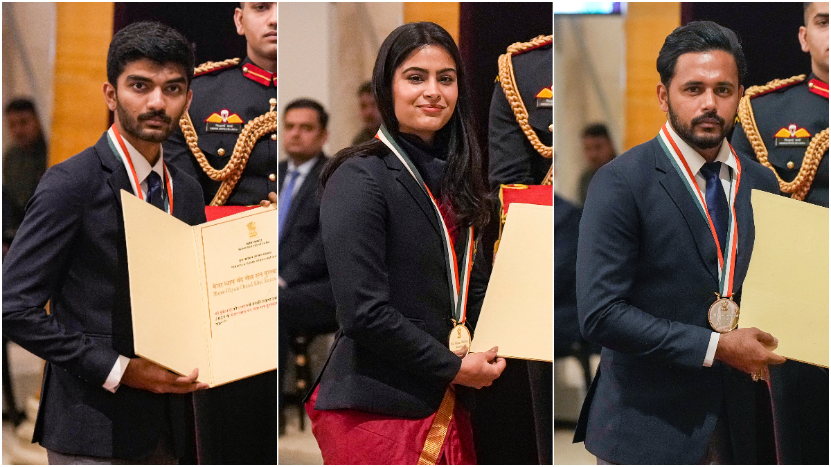 Chess world champion D Gukesh, shooting sensation Manu Bhaker, and hockey star Harmanpreet Singh at the National Sports Awards ceremony at the Rashtrapati Bhavan in New Delhi on Friday, 17 January. PTI Chess world champion D Gukesh, shooting sensation Manu Bhaker, and hockey star Harmanpreet Singh at the National Sports Awards ceremony at the Rashtrapati Bhavan in New Delhi on Friday, 17 January. PTI