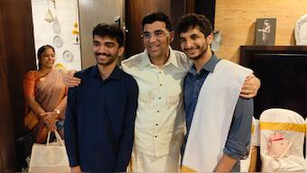 D Gukesh and Vidit Gujrathi were among those who attended Pongal breakfast at Indian chess legend Viswanathan Anand's residence recently. Image credit: X/@chesscom_in